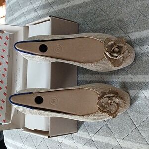 Rothy's Beige Petal Flats with Gold Flower Accent